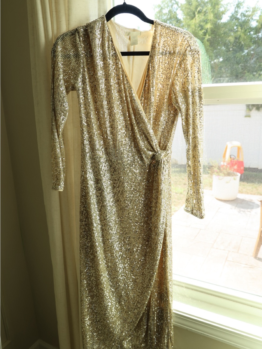 H&M Gold Sequin Wrap-Style Long Sleeve Dress